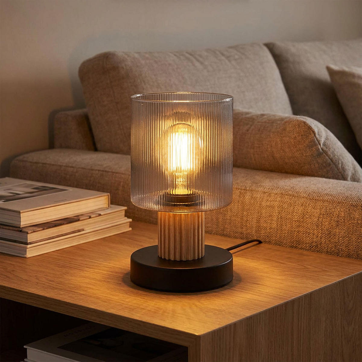 LED TISCHLEUCHTE Holz, Glas rauchfarben, Schwarz - Schwarz, Holz (12/12/21cm) - Globo Lighting