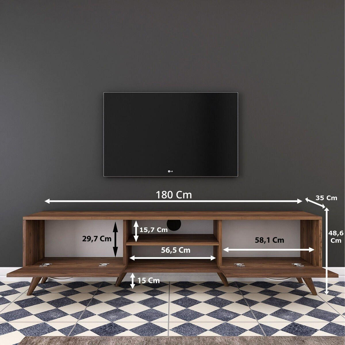 TV-MÖBEL 2 Klapptüren 2 offene Fächer in der Mitte Dekor Walnussholz 35/48,6/180 cm - Nussbaumfarben, Holzwerkstoff (35/48.6/180cm) - Calicosy