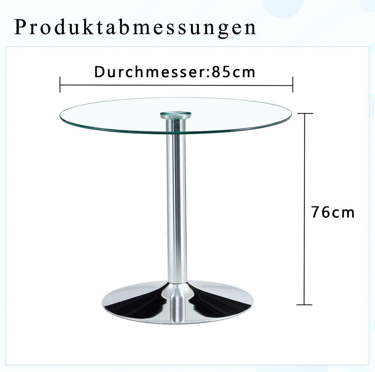 BARTISCH 85/85/76 cm aus Glas und Metall, rundes Design mit stabilem Metallgestell, Silber/Transparent - Silberfarben, Glas (85/85/76cm) - Redom