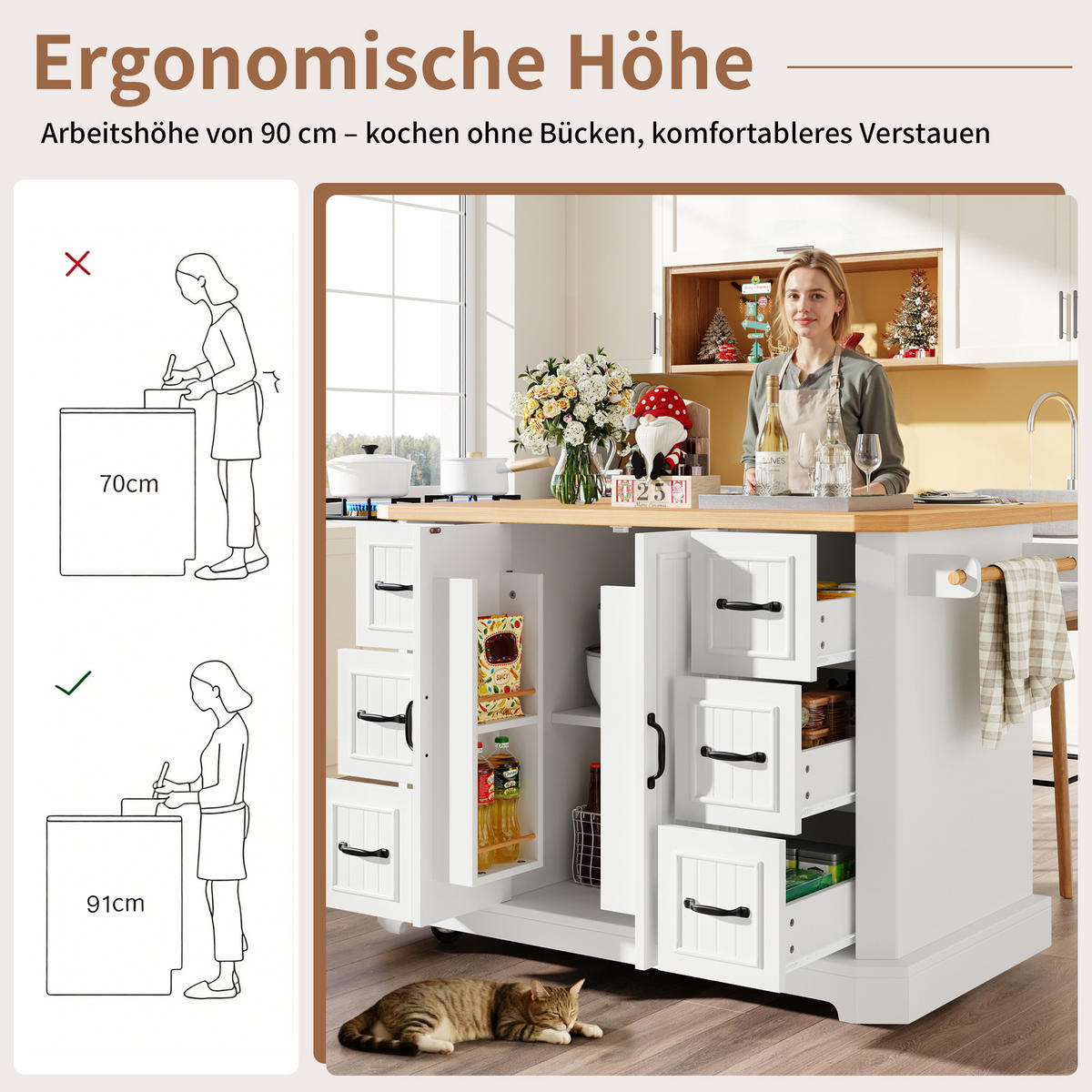 KÜCHENINSEL 120/45/91 cm weiß aus MDF/Metall auf Rollen - Weiß, Holzwerkstoff (120/91/45cm) - OKWISH
