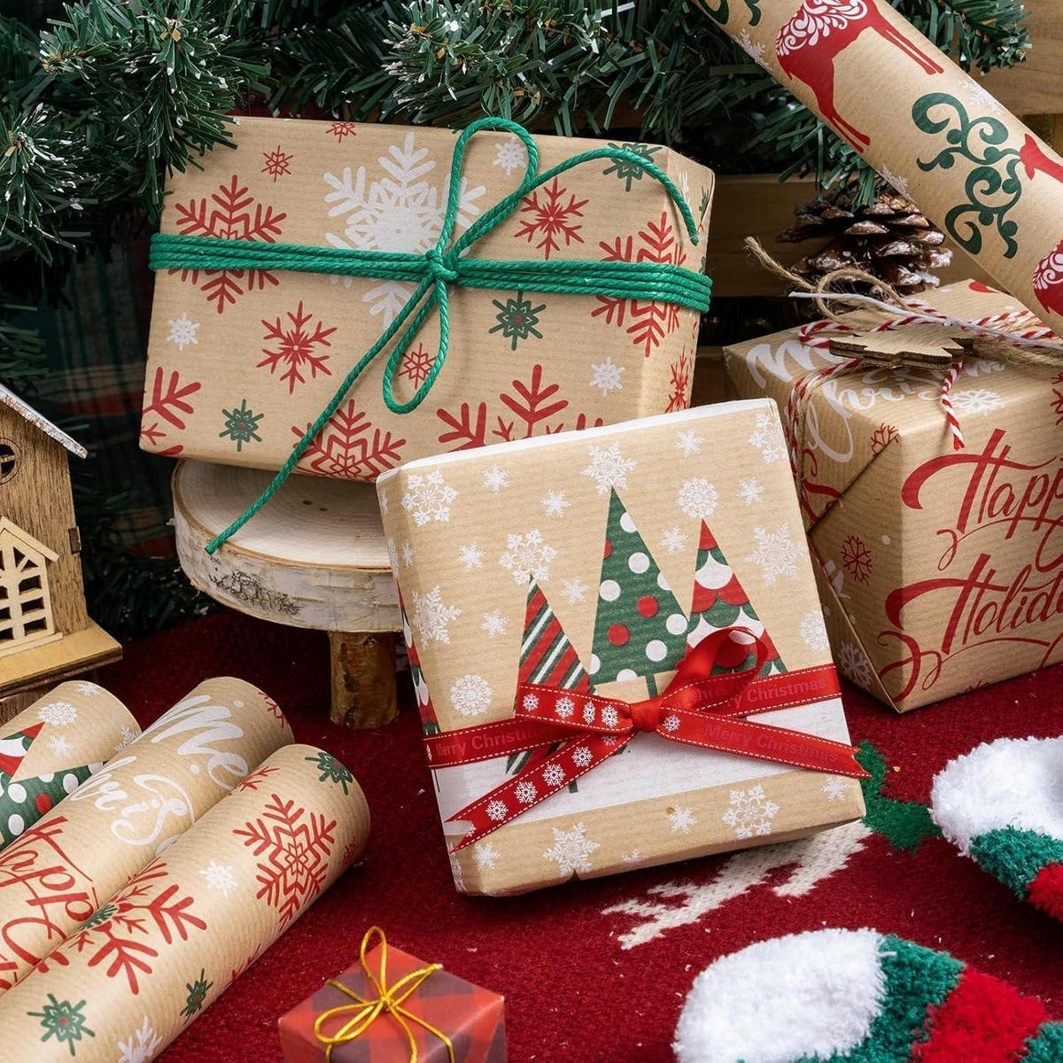 GESCHENKPAPIER 4 Rollen Kraftpapier Weihnachten 43,2 cm x 3 m - Multicolor, Papier (4/44/15cm)