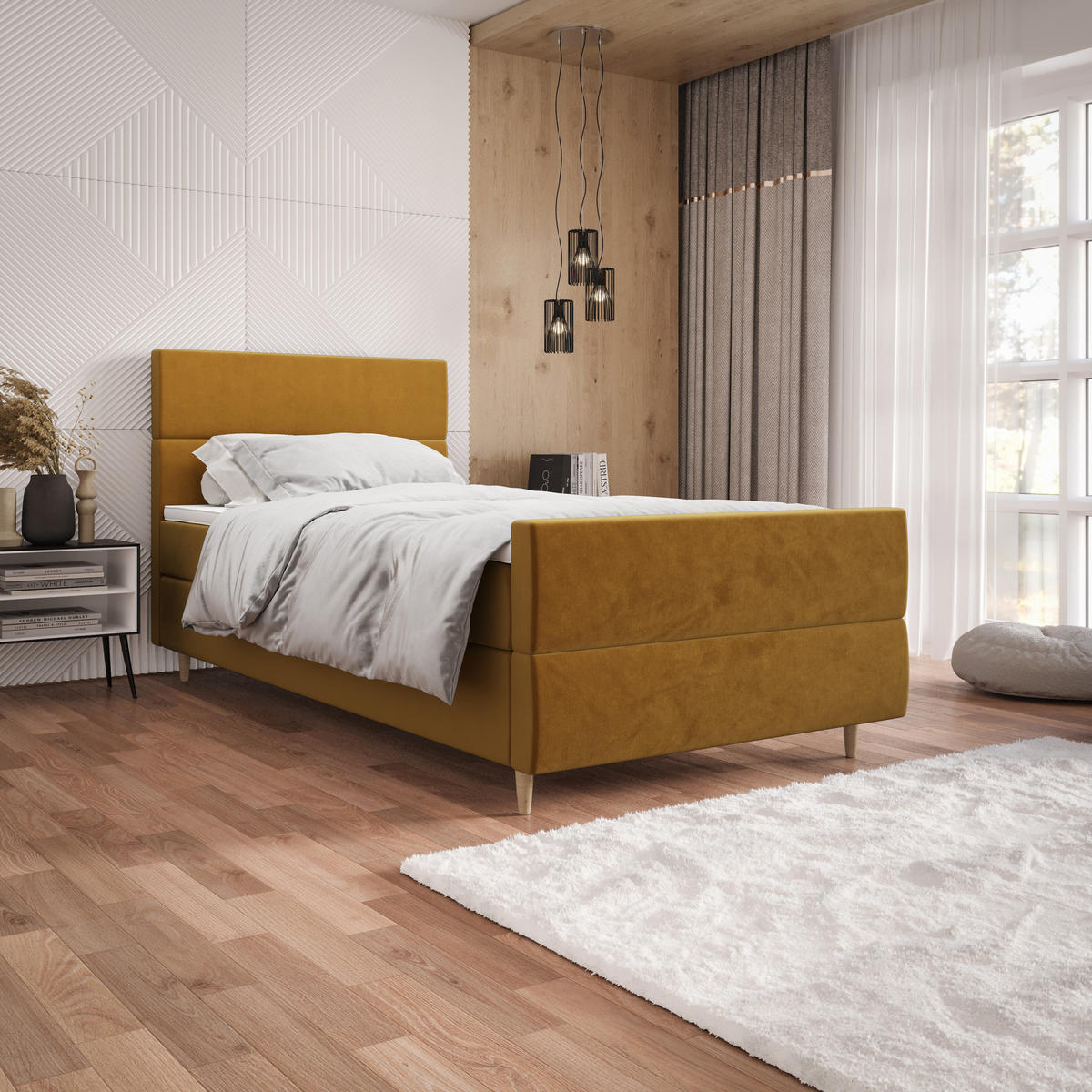 BOXBETT FLO PLUS 100x200 Itaka 33, mit Matratze H3, Bonell und Topper, Senfton - Gelb, Holz/Textil (100/200cm) - Bedante