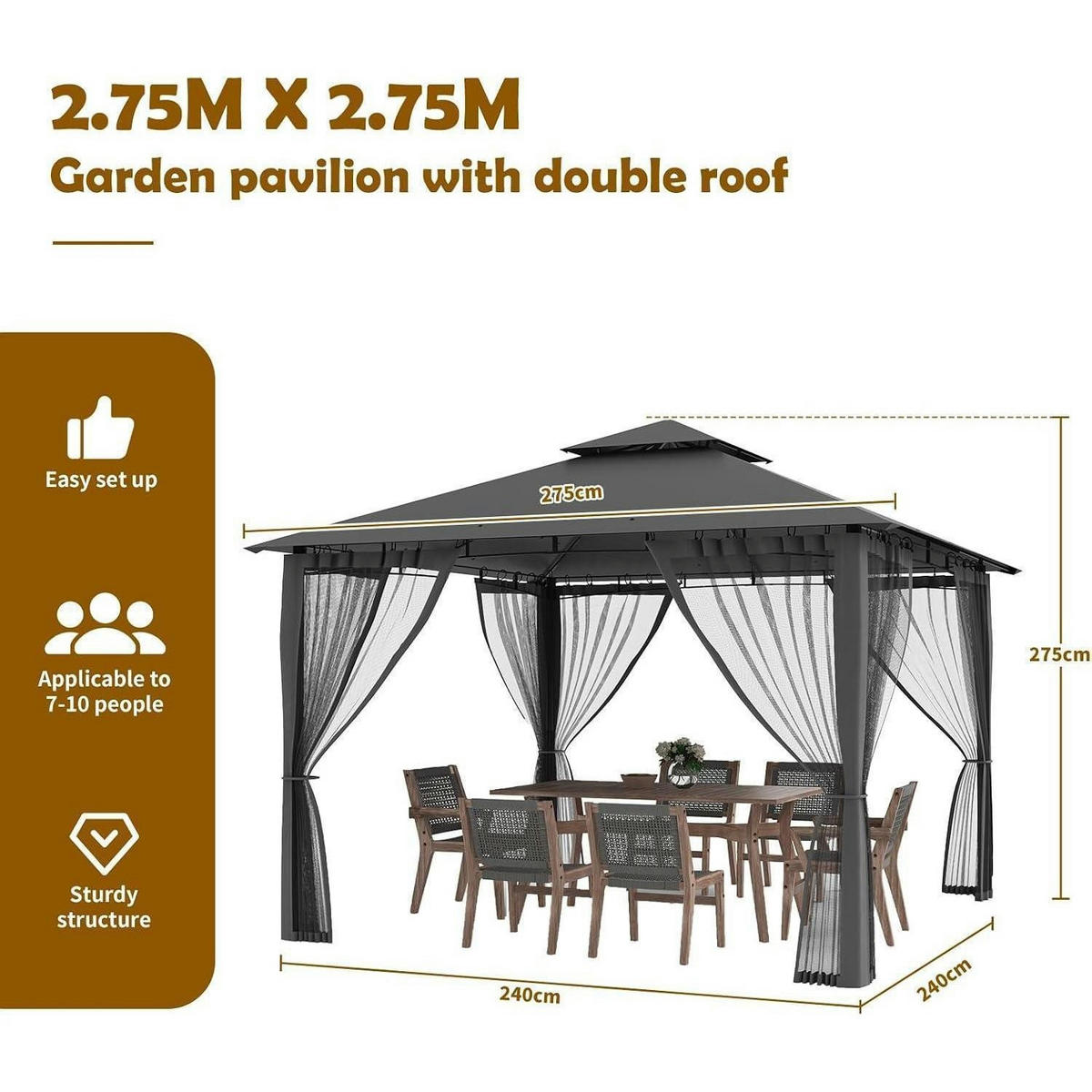 GARTENPAVILLON 2.8 x 2.8M Grau Wasserdicht mit Moskitonetz - Grau, Metall (275/275/275cm)