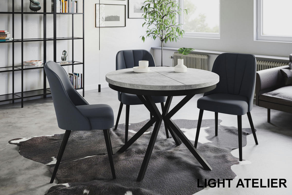 ESSZIMMERTISCH BERGO, ausziehbarer Tisch 120 cm/200 cm, Farbe: Hellgrau, mit Metallbeinen in Farbe Schwarz - Schwarz/Grau, Holzwerkstoff (120/120/76cm) - Alpi-Möbel