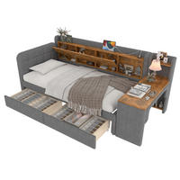 POLSTERBETT aus Leinen & MDF 90x200 cm in Grau mit Schreibtisch & 2 Schubladen - Grau, Textil (90/200cm) - Modfu