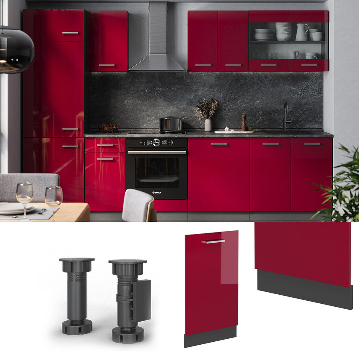 GESCHIRRSPÜLBLENDE R-Line Rot Hochglanz 45 cm , AP Eiche - Bordeaux/Anthrazit, Holzwerkstoff (45/81.8/1.6cm) - Vicco