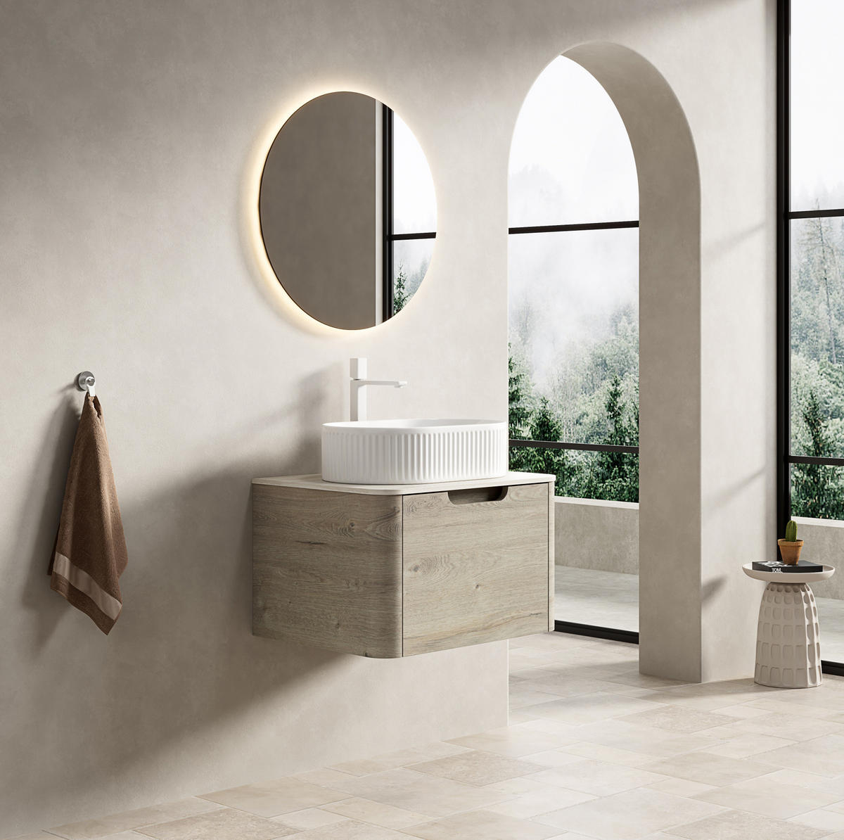 WASCHTISCHKOMBI 60 cm mit Aufsatzbecken und Soft-Close-Schublade in Eiche - Creme, Keramik (60/50.2/46cm) - BEAOK