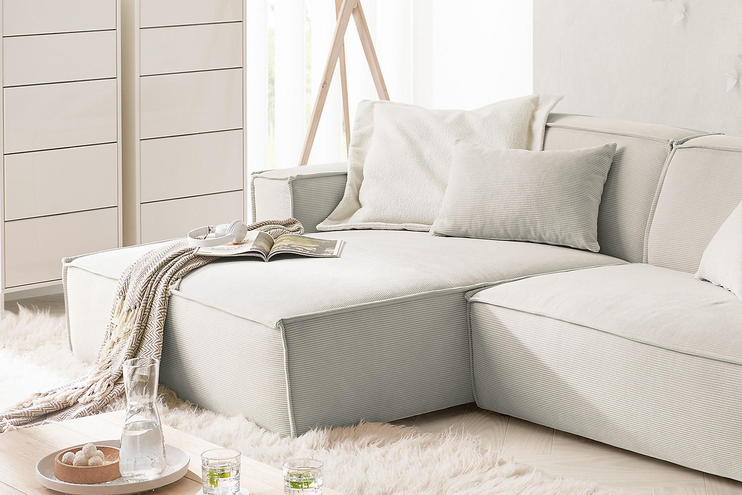 ECKSOFA SAMU Silber Cord - Silberfarben/Schwarz, Textil (276/168cm) - KAWOLA