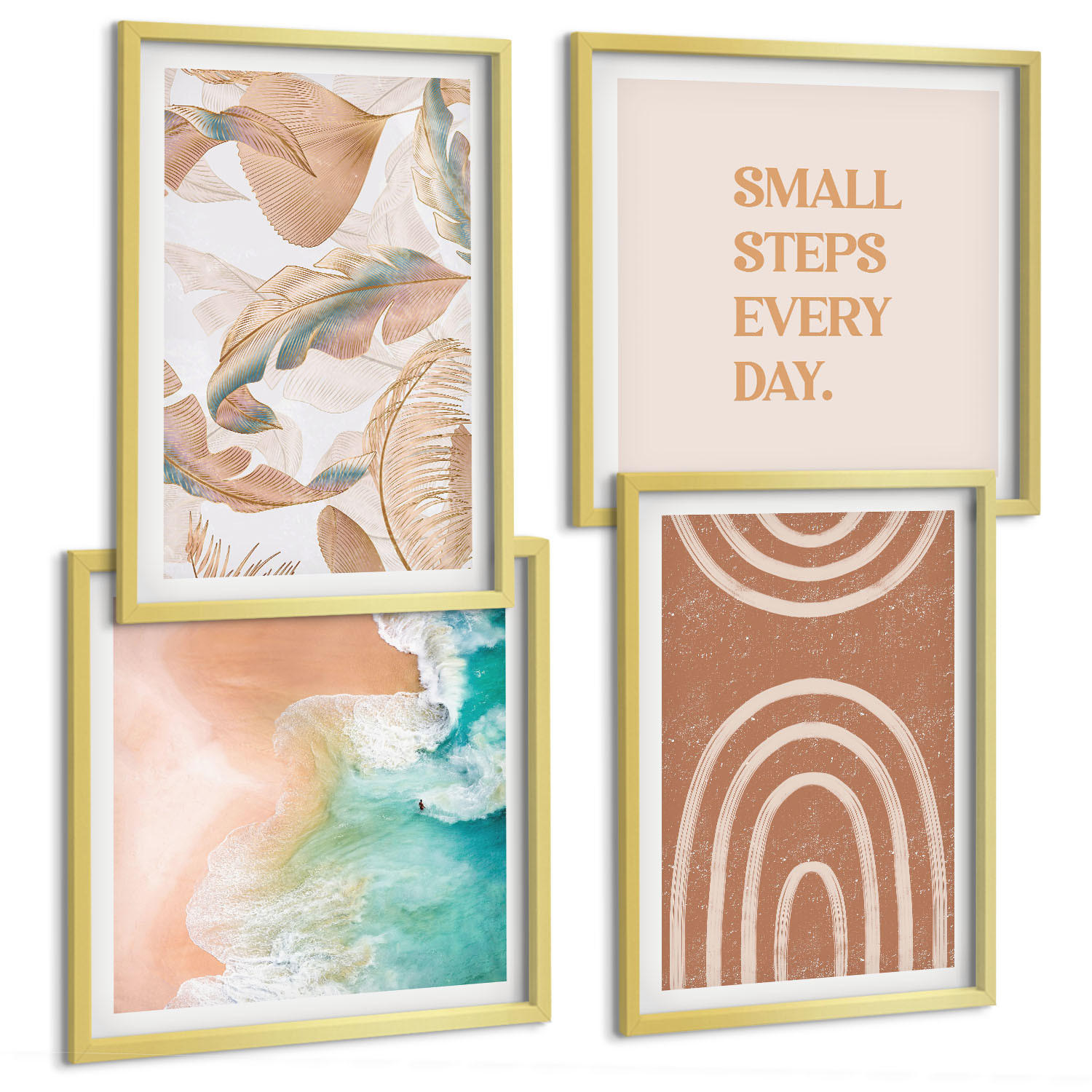 BILDER SET 4er Set - 50x50 cm & 40x60 cm Goldrahmen - Zarte Boho-Blätterschrift - Goldfarben, Kunststoff (50/50cm) - TULUP