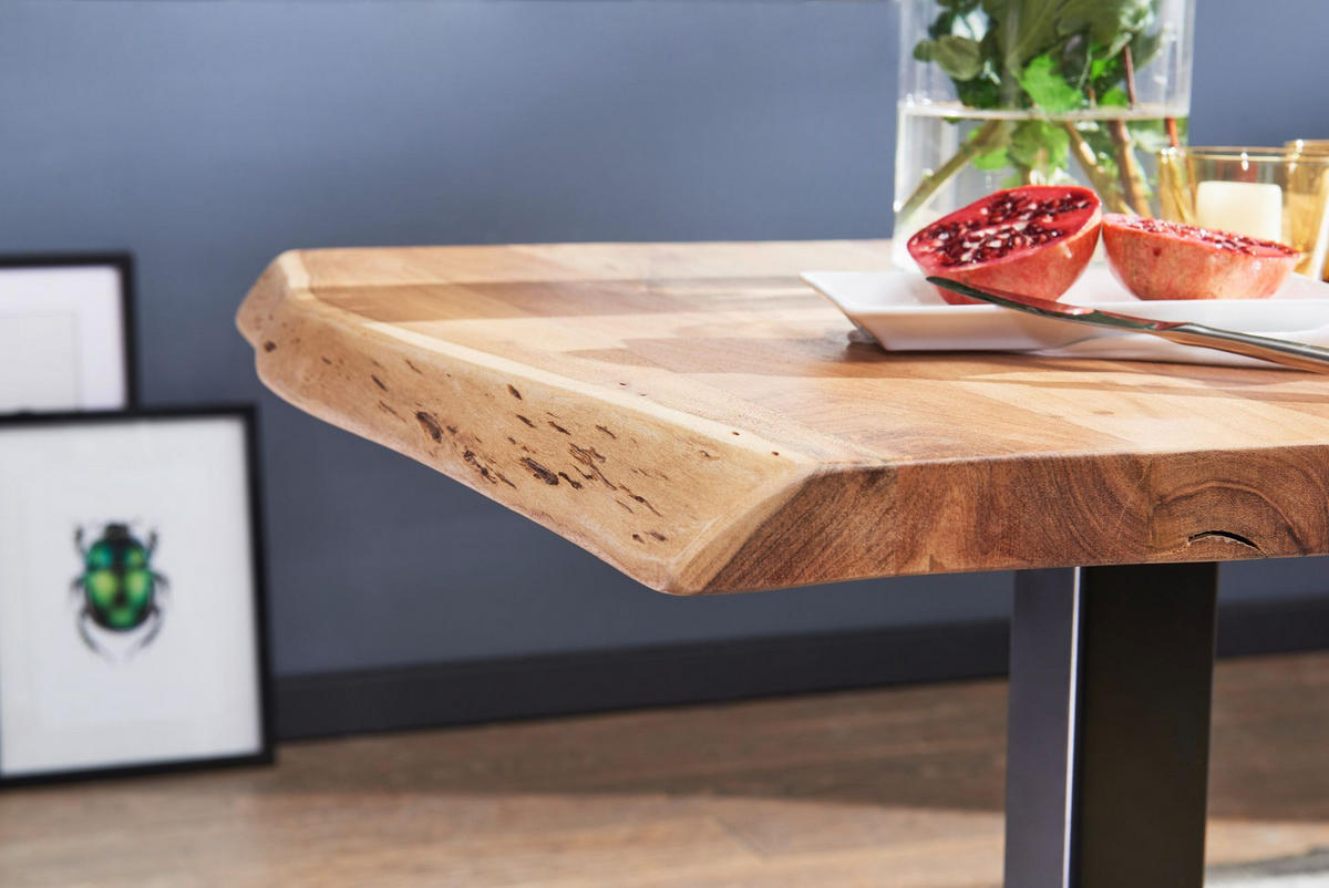 ESSTISCH – Massivholz quadratisch Baumkante Edelstahlfuß Unikat - Beige/Schwarz, Holz/Metall (75/80/75cm) - KADIMA DESIGN