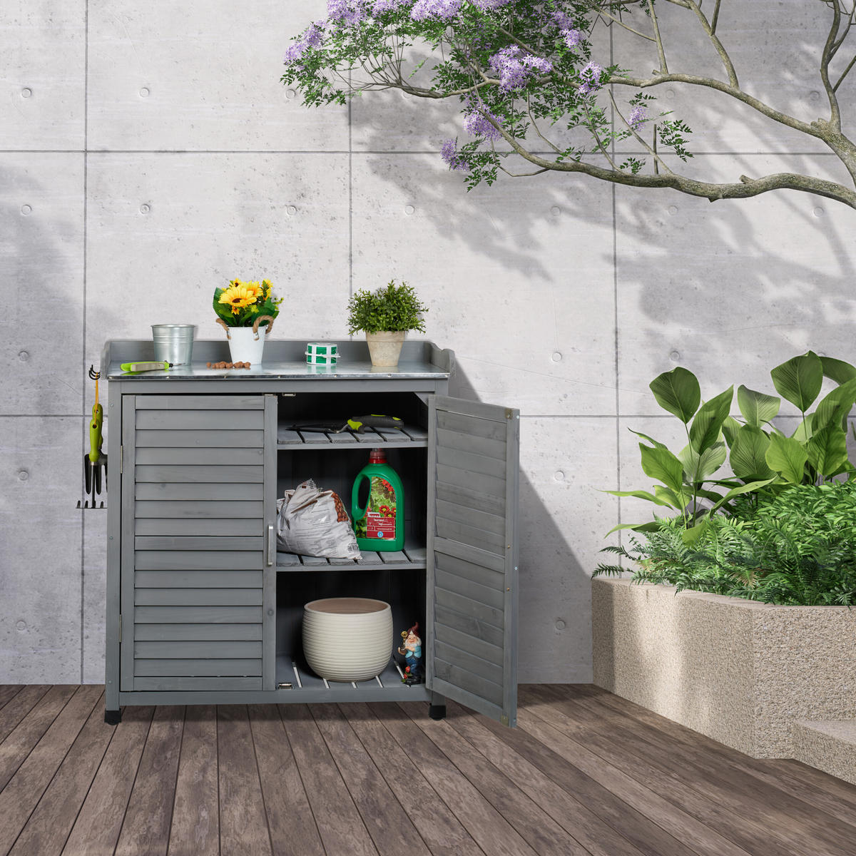 PFLANZTISCH - Grau, Holz/Metall (45/90/92cm) - Relaxdays