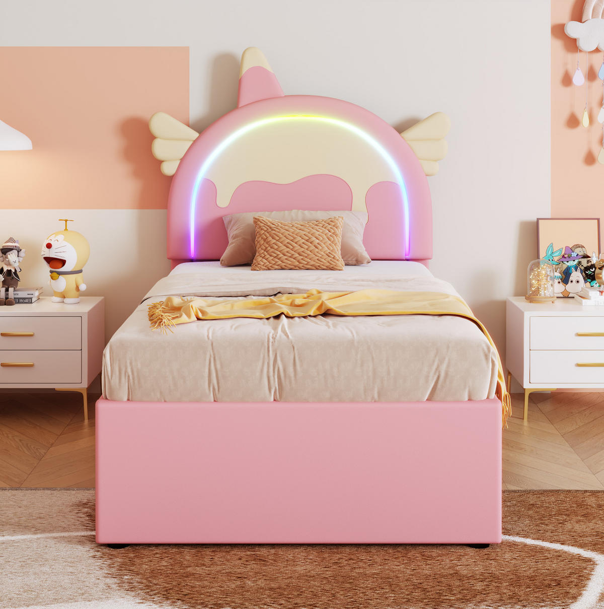 KINDERBETT 90/200 cm in Rosa mit Ausziehbett und Einhorn-Design - Rosa, Kunststoff (90/200cm) - Flora Grace