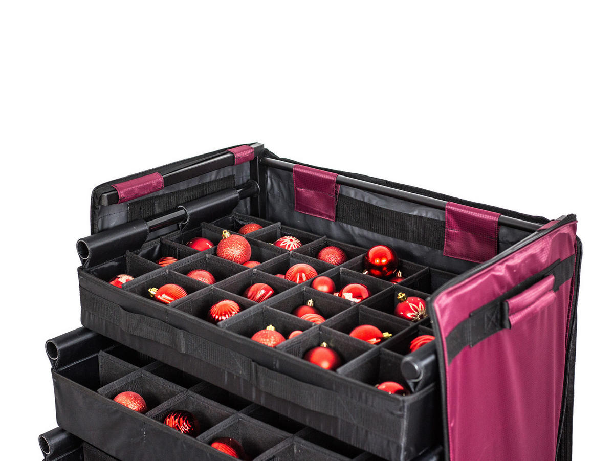 LAALU AUFBEWAHRUNGSBOX für Weihnachtsschmuck und Dekorationen mit Rädern und Schubladen, luxuriös, 120 Stück - Rot, Textil/Metall (0.01/1/0.01cm) - LAALU