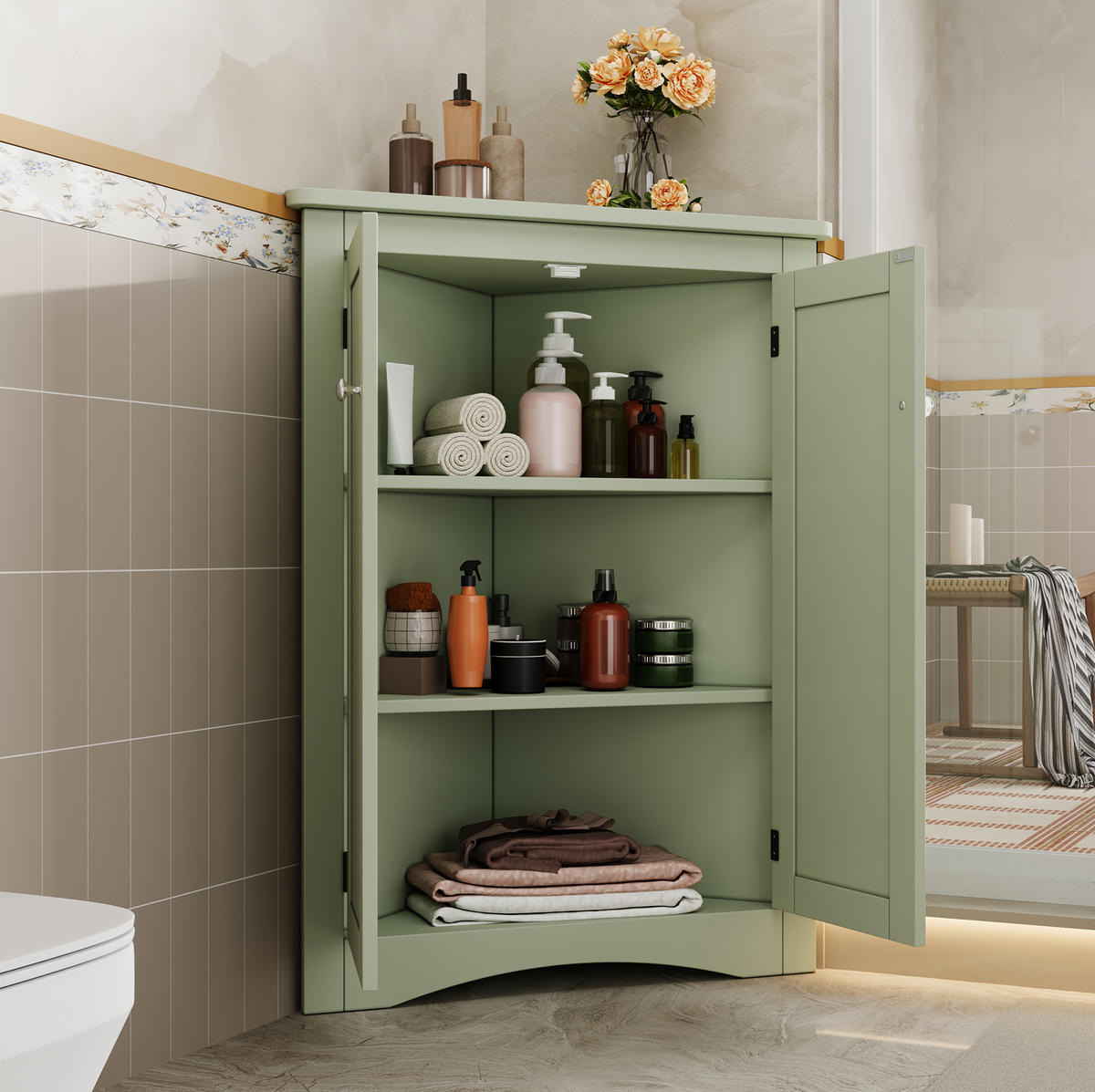 MIDISCHRANK 61,5/61,5/80 cm aus MDF mit 2 Türen und 3 Ebenen Grün - Grün, Holzwerkstoff (34.5/90/61.5cm) - Modenvie
