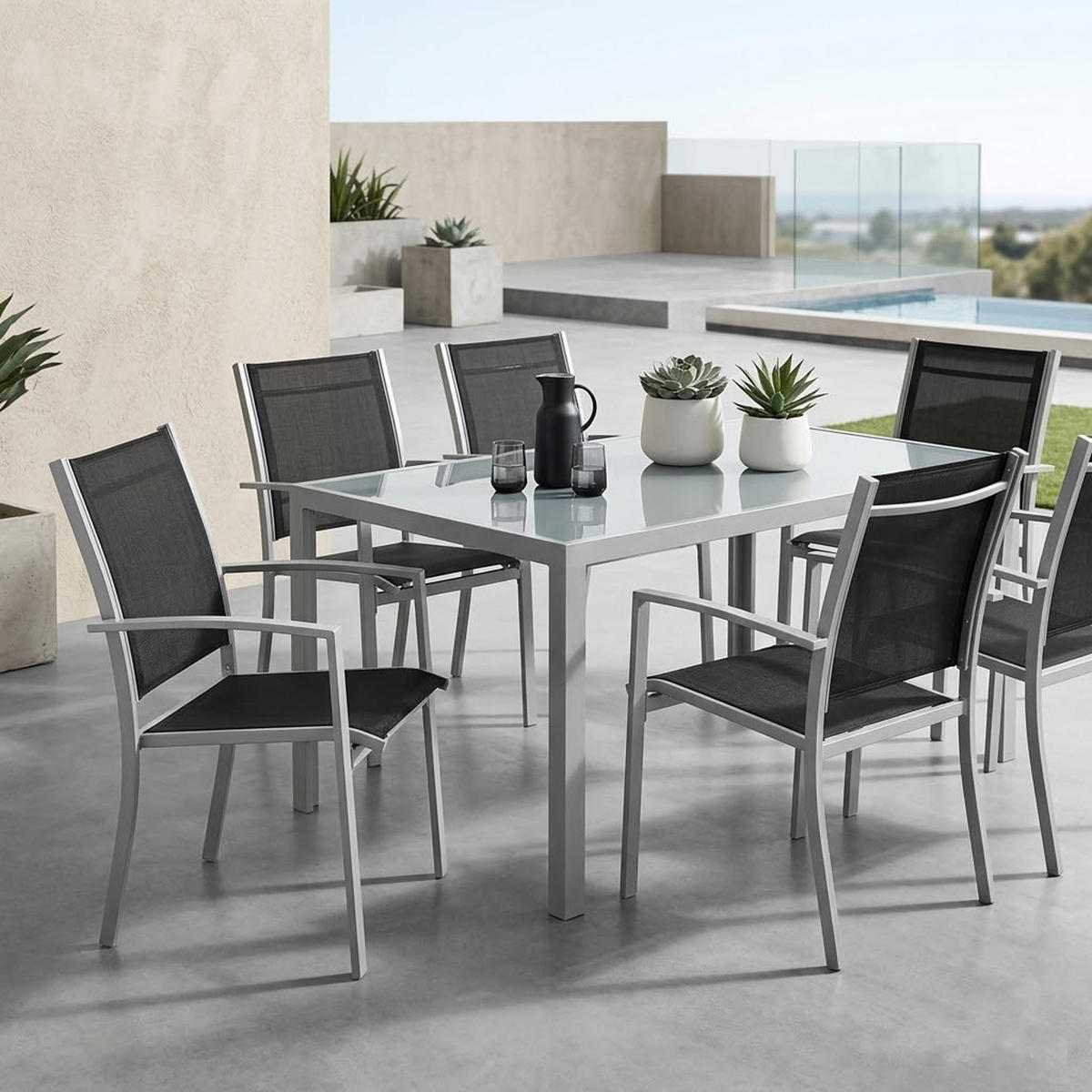 GARTENSTUHL Leeds, Metall silber + Textilgewebe schwarz, 4-er Set - Grau, Metall (55/89/64cm) - TPFGarden