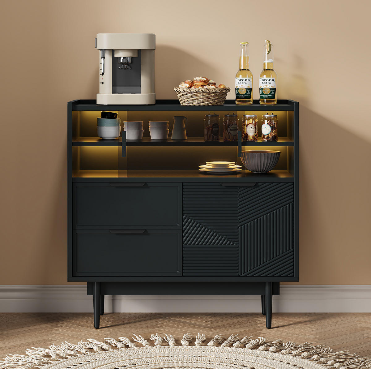 SIDEBOARD 80/35/80 cm mit Glasschiebetür, einstellbarer 16-Farben LED-Leiste, MDF, Schwarz - Schwarz, Holzwerkstoff (80/80/35cm) - Redom