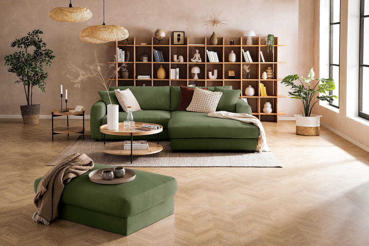 ECKSOFA mit Longchair - Schwarz/Grün, Holz/Kunststoff (238/183cm) - home24