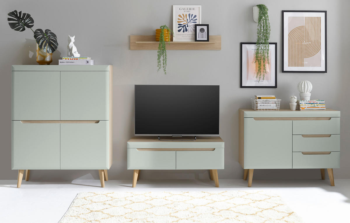 WOHNWAND 4-teilig pistazie grün, Eiche, skandinavisch 360 cm, Wohnkombination mit Soft-Close - Eichefarben/Pastellgrün, Eichenholz/Holz (361/170/40cm) - Furn.Design