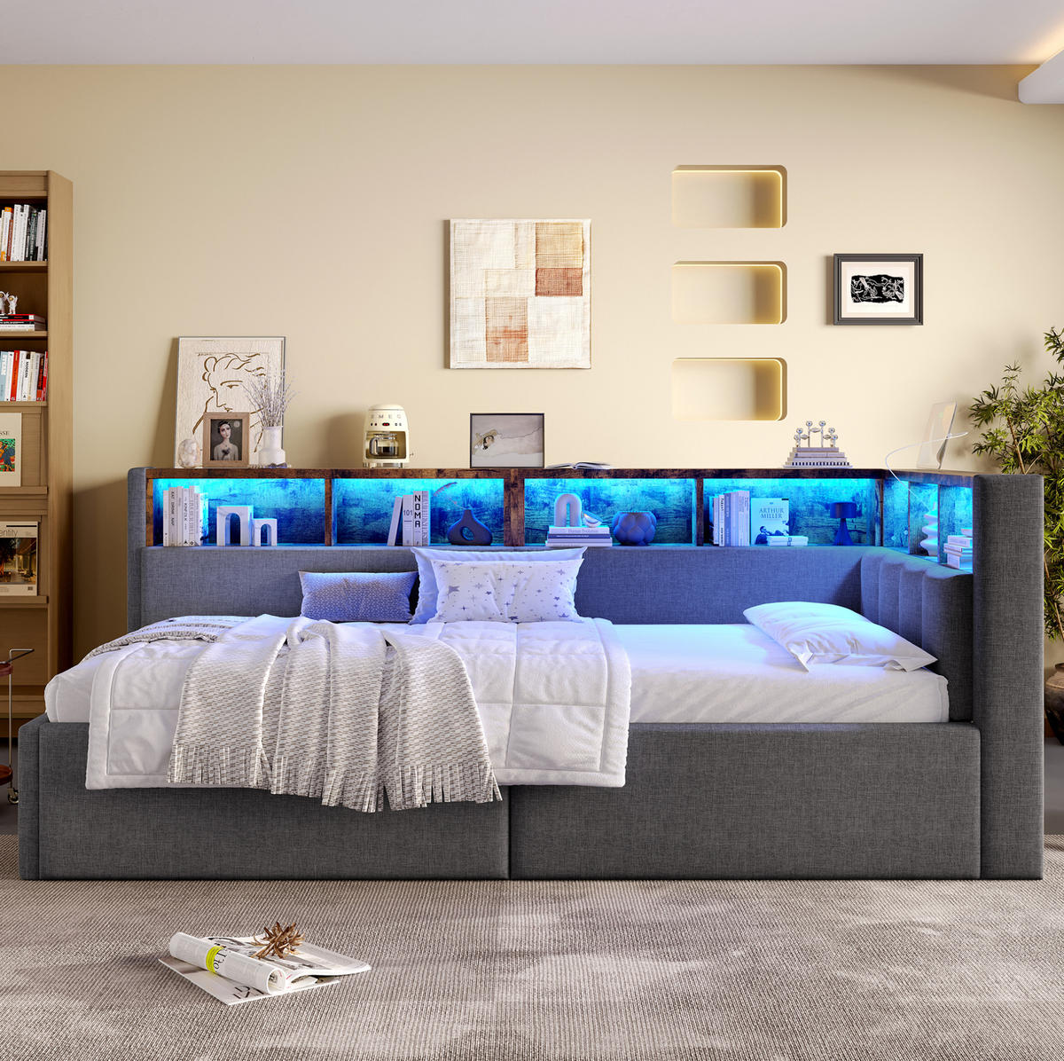 KREVET za jednu osobu 90/200 cm sivi od lana s LED rasvjetom, USB i hidrauličnom pohranom - siva, tekstil (90/200cm) - OKWISH
