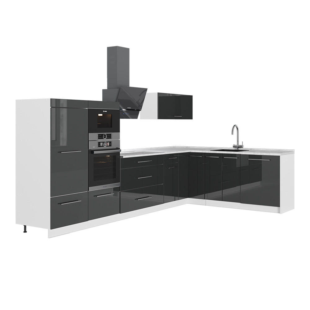 ECKKÜCHE Fame-Line, Anthrazit Hochglanz/Weiß, 347 x 207 cm ohne Arbeitsplatte - Schwarz Hochglanz/Weiß, Holzwerkstoff (347/153.6/51.6cm) - Vicco
