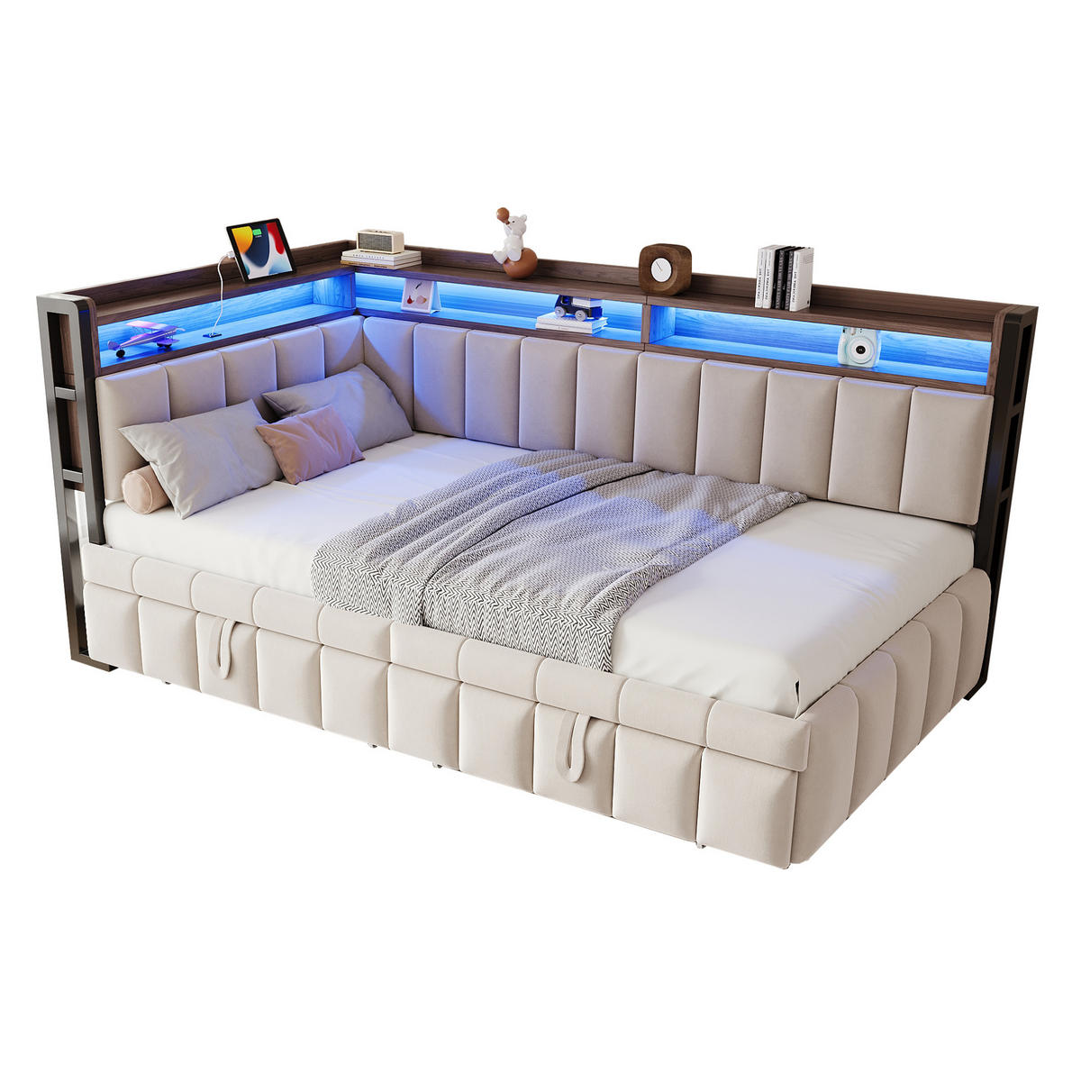 BETT 90/200 cm in Beige mit Ausziehbett, LED und USB-C - Beige, Textil (90/200cm) - BEAOK