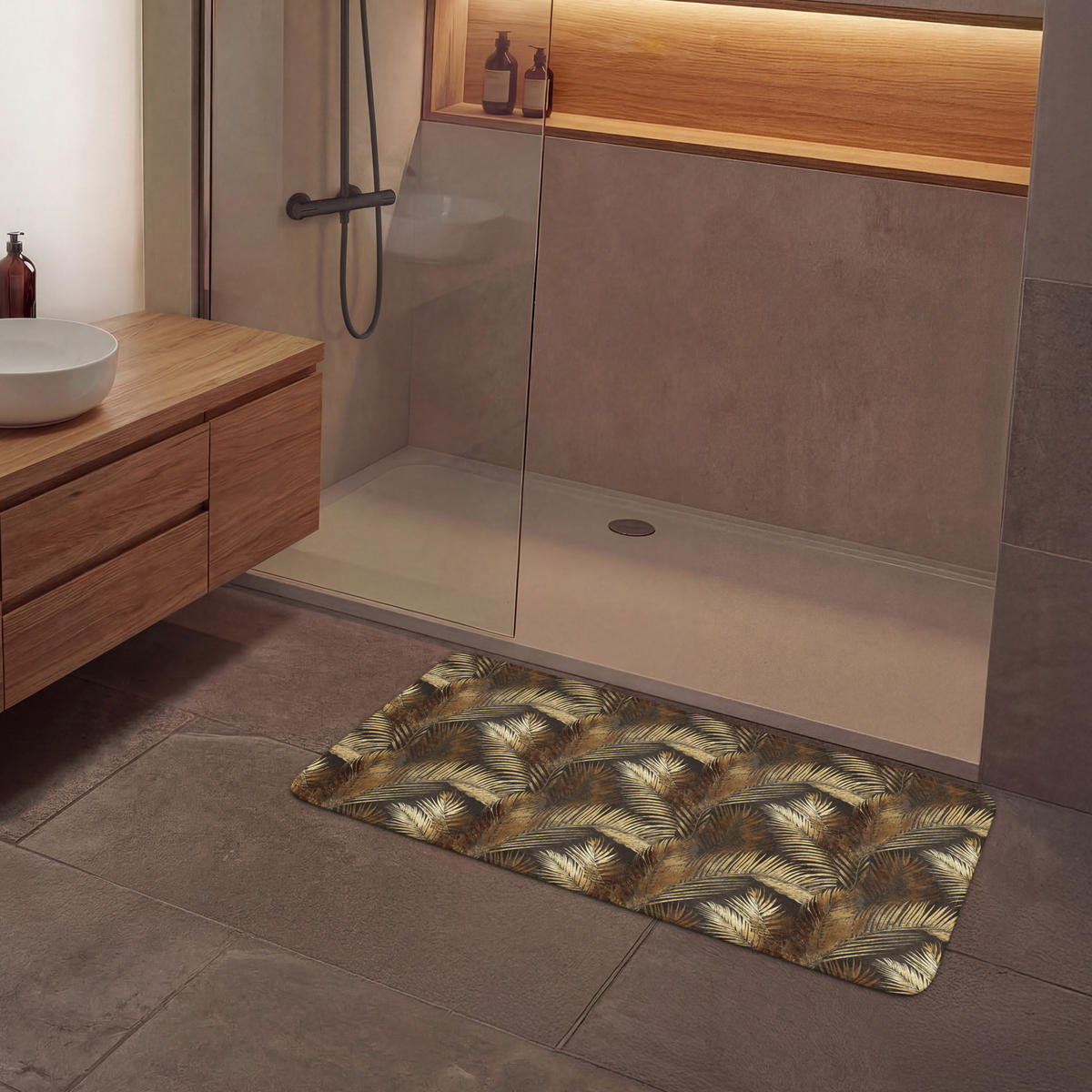 KOUPELNOVÁ PŘEDLOŽKA Tropical - Listy - zlaté 120x60 cm - zlatá, textil/plast (120/60cm)