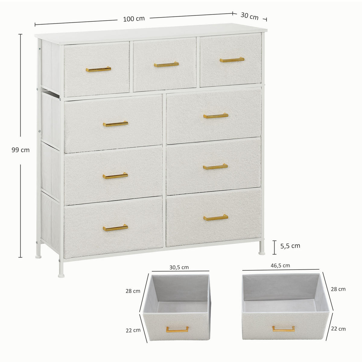 KOMMODE Sideboard mit 9 Stoffschubladen, Schubladenschrank mit Arbeitsplatte - Weiß, Karton (30/99/100cm) - HOMCOM