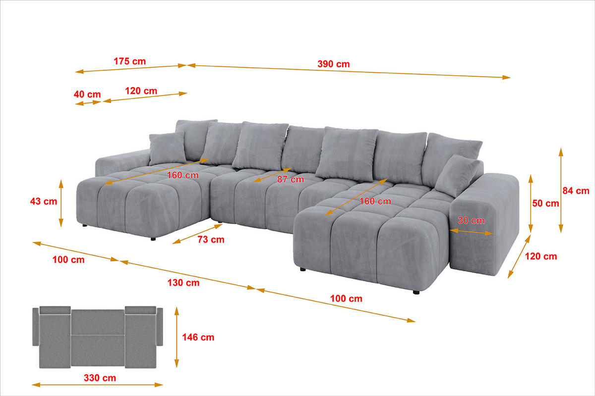 WOHNLANDSCHAFT ENIL-U 390x175x84 Hellgrau Velours - Hellgrau, Holzwerkstoff/Kunststoff (390/84/175cm) - ALTDECOR