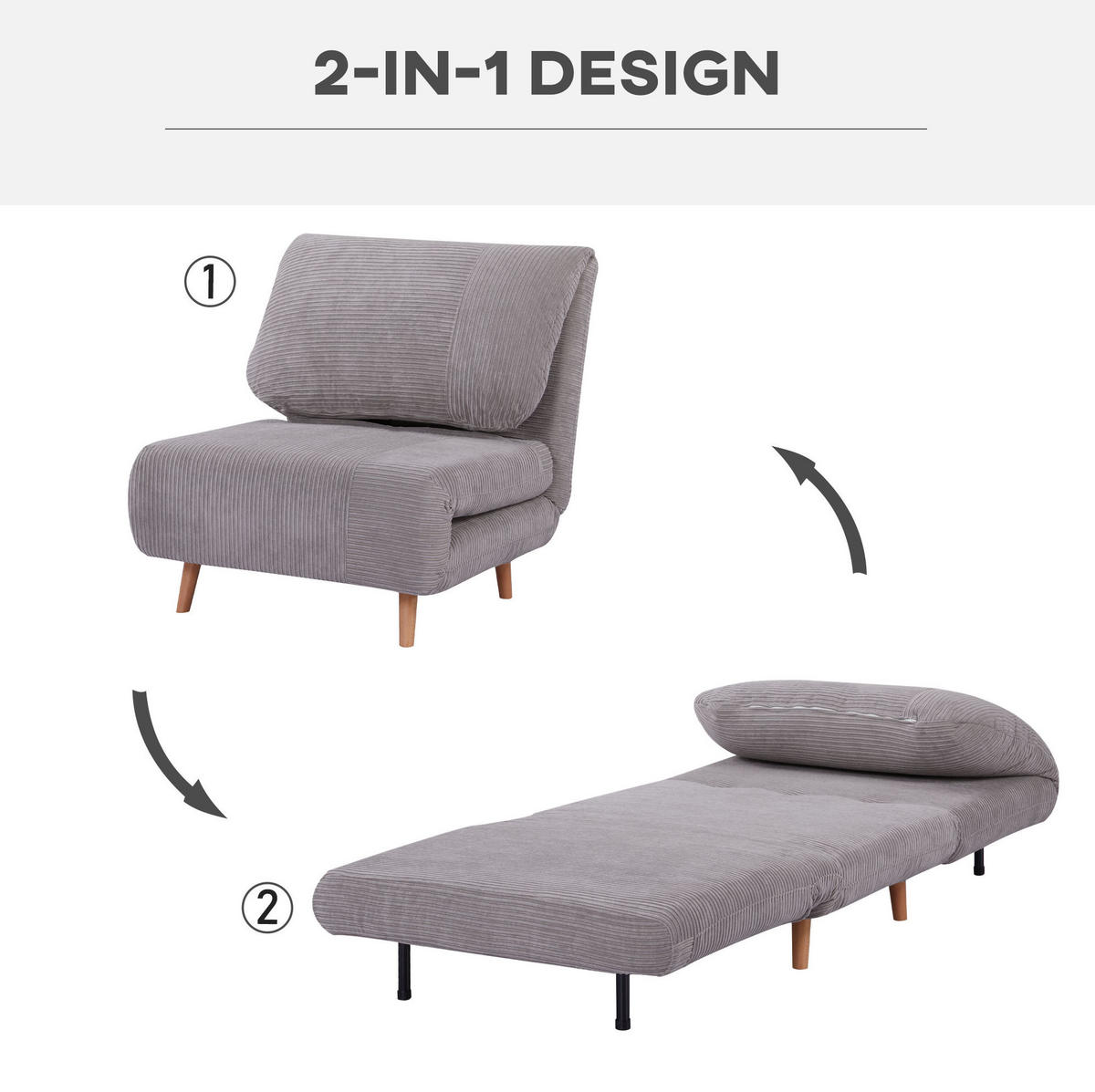 SCHLAFSESSEL 2-in-1 mit Cordbezug & verstellbarer Rückenlehne, 82/89/83 cm, hellGrau - Hellgrau, Holz (82/83/89cm) - Redom
