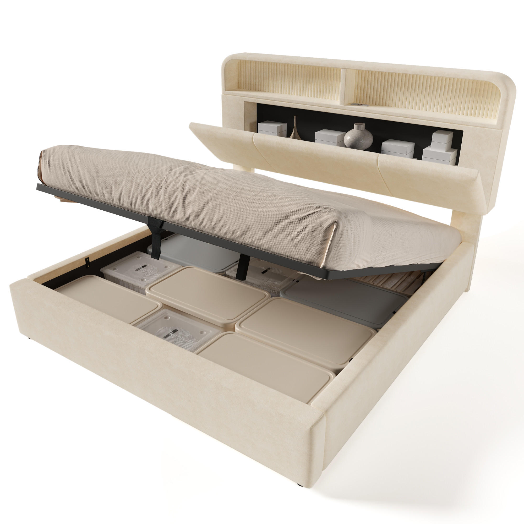 POLSTERBETT 140/200 cm Beige mit höhenverstellbarem Kopfteil und LED-Beleuchtung mit Matratze - Beige, Textil (140/200cm) - OKWISH