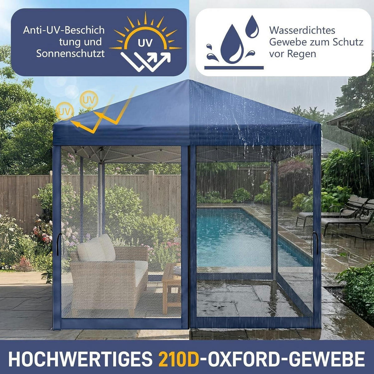 FALTPAVILLON 3x3 m mit Moskitonetzen Blau - Blau, Textil (300/245/300cm)
