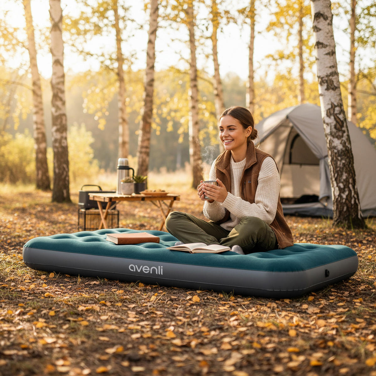 LUFTMATRATZE Camping CloudCoil grün mit eingebauter Fußpumpe 191x99x22cm - Grün, Kunststoff (99/191cm) - Avenli