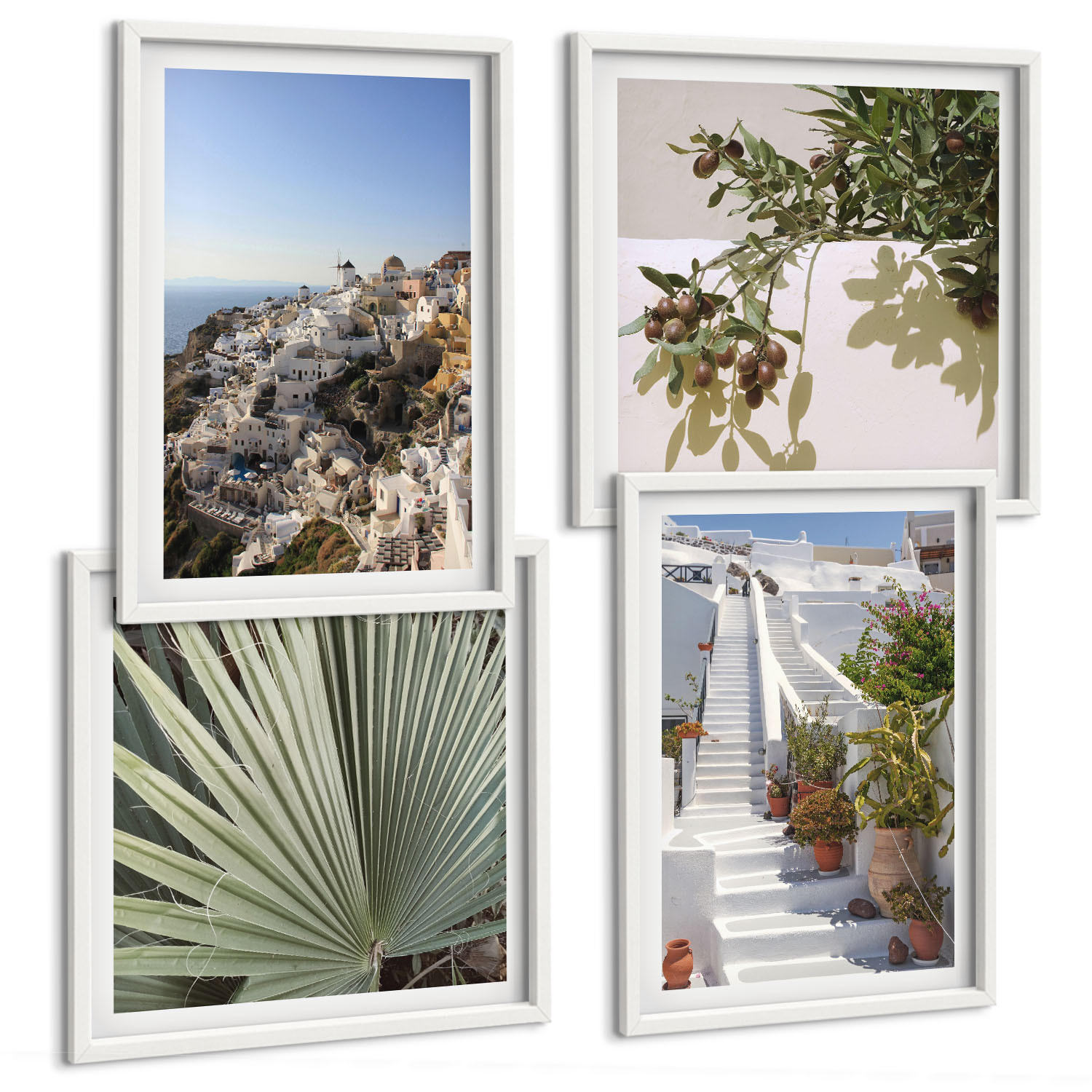 BILDER SET 4er Set - 50x50 cm & 40x60 cm Weißer Rahmen - Weiße Treppe mit Blick auf Santorini - Weiß, Kunststoff (50/50cm) - TULUP