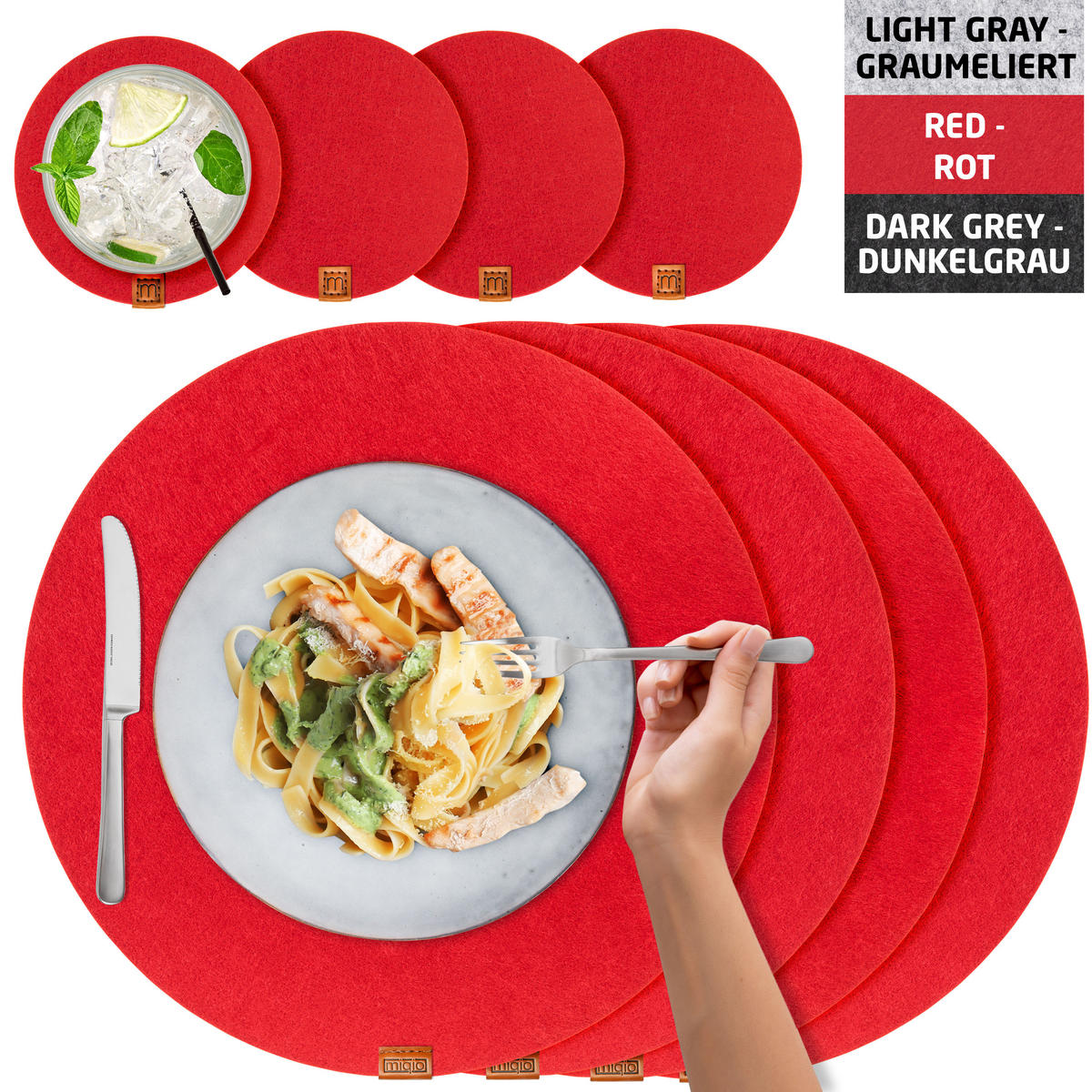 TISCHSETS Glasuntersetzer 12er-Set - Rot, Textil (37cm) - Miqio Design