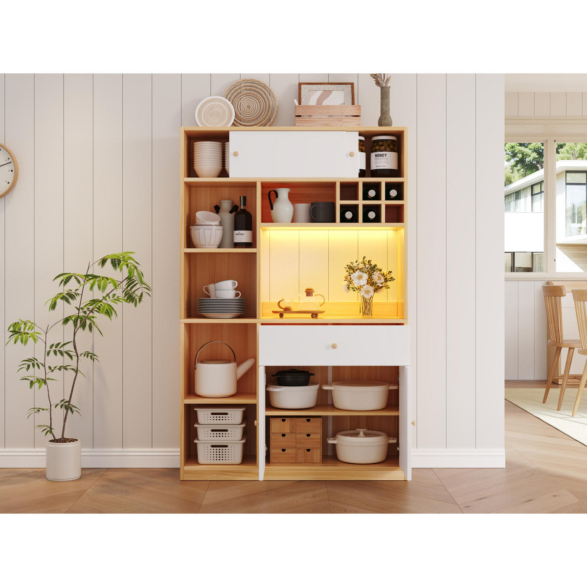 KÜCHENSCHRANK 115x35x180 cm, LED-Beleuchtung, 1 Schublade, 3 Türen, Weiß/Natur - Weiß, Holzwerkstoff (115/180/35cm) - FOHERE