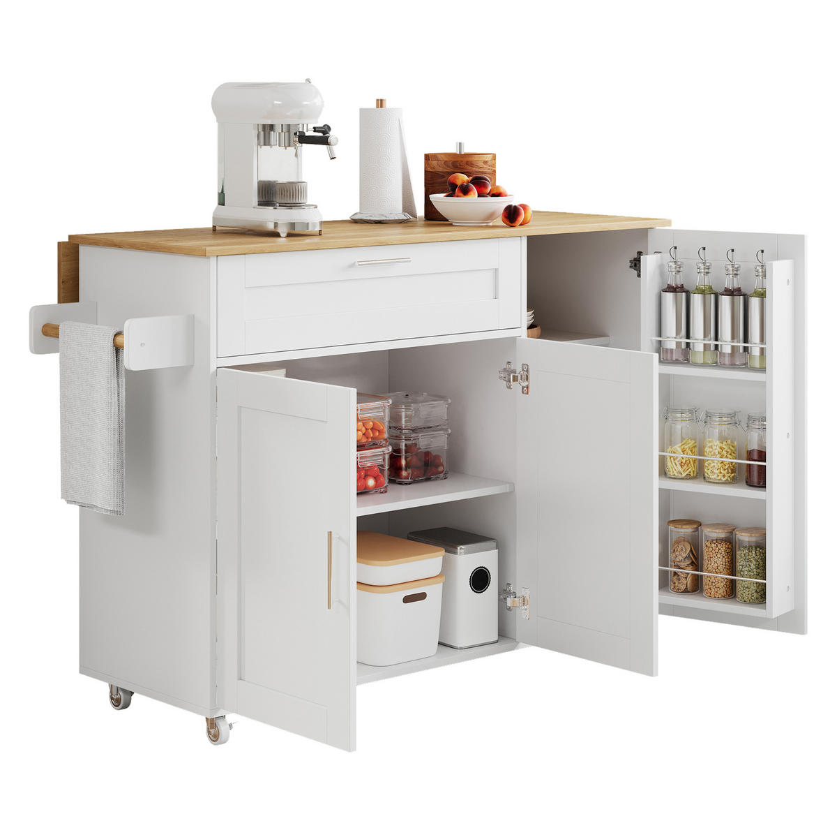 KÜCHENWAGEN klappbar 132,5 x 44(70) x 90 cm Weiß/Natur MDF - Weiß, Holz (44/90/132.5cm) - Beauniv