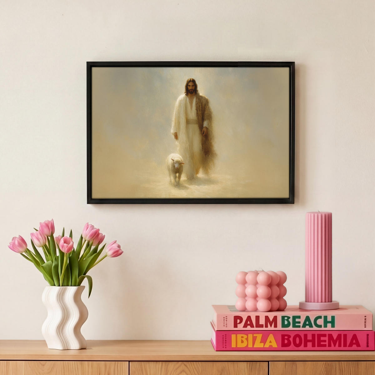 LEINWAND Bilder mit Rahmen - Schaf - Jesus - Pinselstriche - Abstrakt - 30x20 - Beige, Textil (30/20cm) - MuchoWow