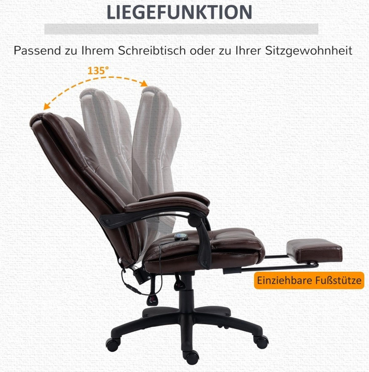 CHEFSESSEL 68,5/113-121/68,5 cm Braun aus Kunstleder mit Massagefunktion - Braun, Kunststoff (68.5/121/68.5cm) - OKMYHOME
