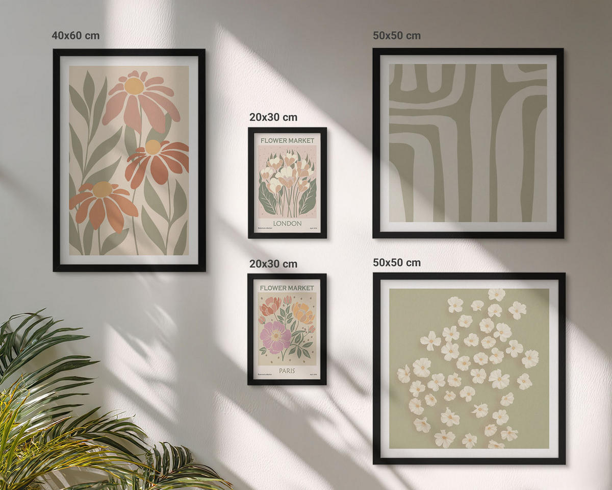 WANDBILDER 5er-Set - 50x50 cm & 20x30 cm & 40x60 cm Schwarzer Rahmen - Botanische Motive, Pariser Minimalismus - Schwarz, Kunststoff (40/60cm) - ArtPrintCave