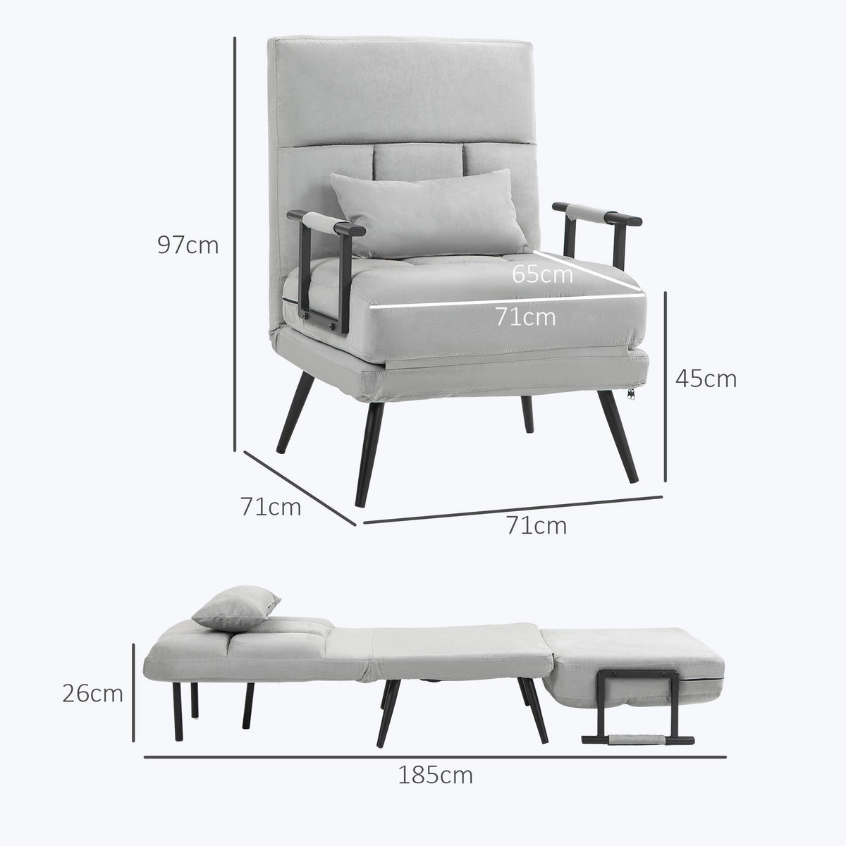 SCHLAFSESSEL 3-in-1 DE-14564 5-fach verstellbar mit Samtbezug Grau - Grau, Metall (71/97/71cm) - ComfortXL