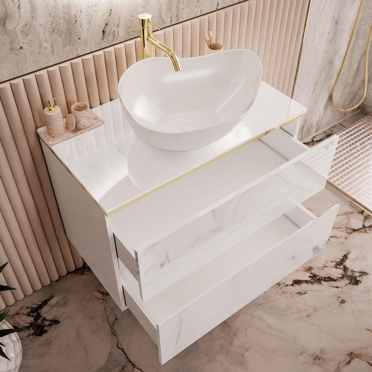 BADEZIMMERSCHRANK AURORA GOLD - Weiß, Holzwerkstoff (80/55/45cm) - Lookway