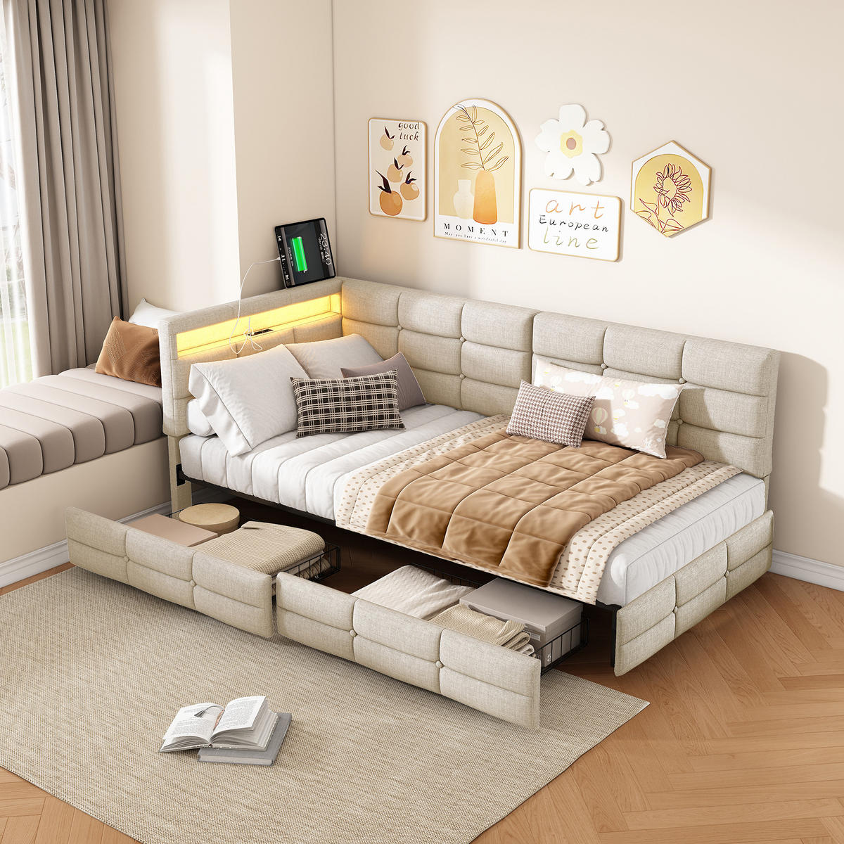 BETT 90x200 cm mit L-förmigem Kopfteil, 2 Schubladen, USB-Ladeanschluss, LED-Licht, Leinenstoff, Beige - Beige, Holz (90/200cm) - BRILVERDE
