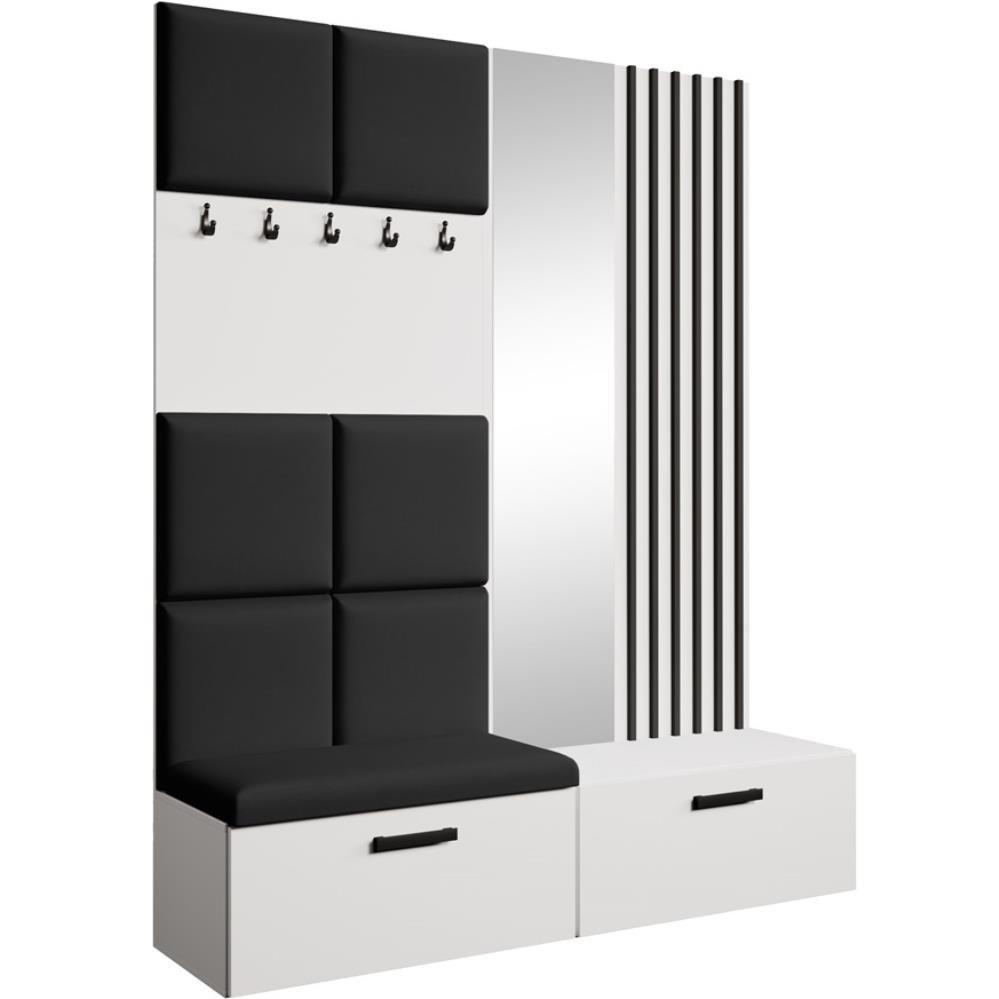 Beautysofa PŘEDSÍŇOVÁ sestava Margaret I+II 162/203/43 s čalouněnými panely / lamelami / zrcadlem, bílá|černá