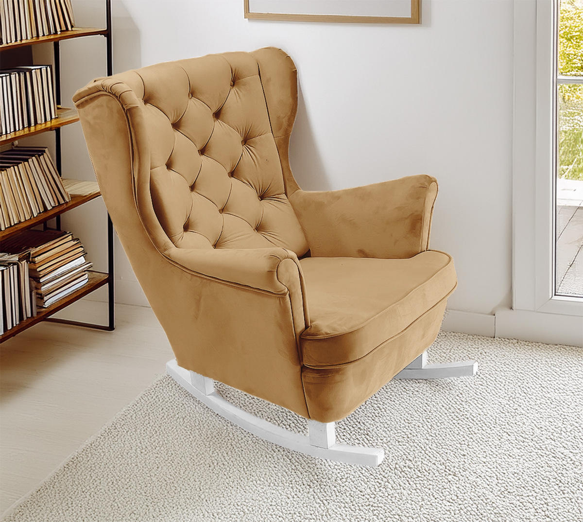SCHAUKELSESSEL mit gepolstertem Sitz und Armlehnen, 102x81x95 cm, Beige_29805 - Currygelb/Weiß, Holz/Textil (81/102/95cm) - DomoHome