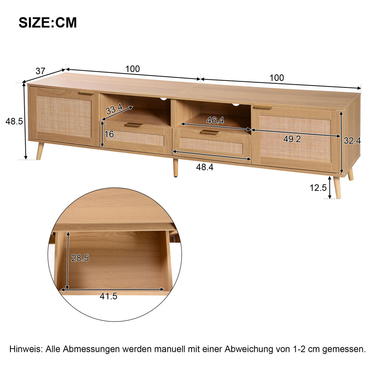 TV Lowboard Rattan, viel Stauraum, Holz - Braun, Holz (200/48/37cm)