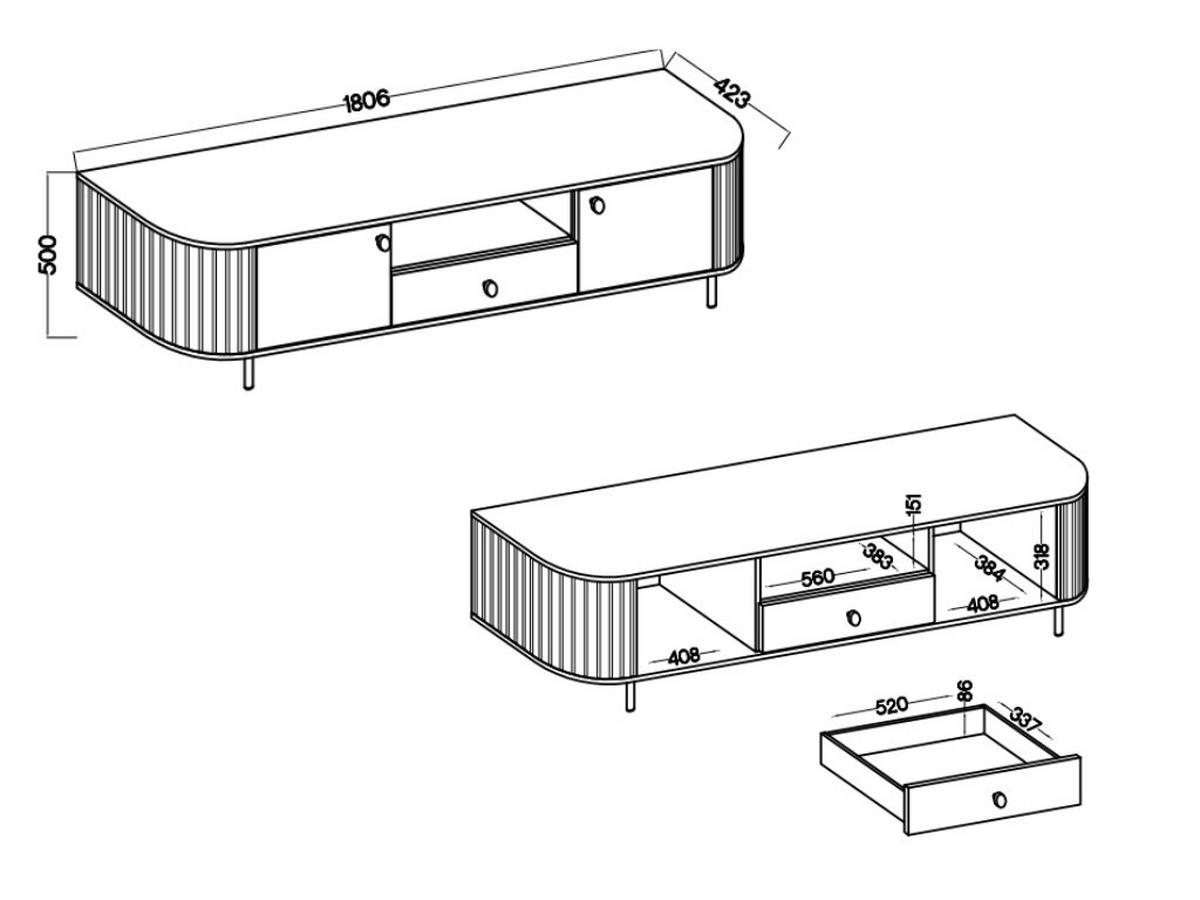 TV-SCHRANK Olivia 180 cm, mit 2 Türen, Schublade, geriffeltem Design, eiche sonoma, schwarzfarbenen Metallfüßen - Sonoma Eiche, Metall (180/50/43cm) - Margaret Hadas24