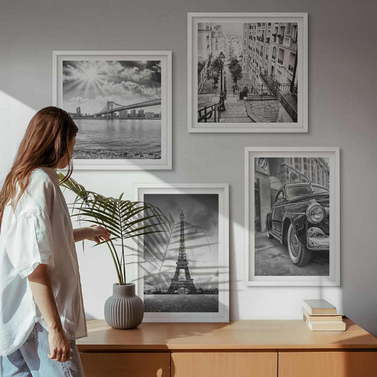 BILDER SET 4er Set - 50x50 cm & 40x60 cm Weißer Rahmen - Stadtansichten, Brücken, Eiffelturm, Auto - Weiß, Kunststoff (50/50cm) - TULUP