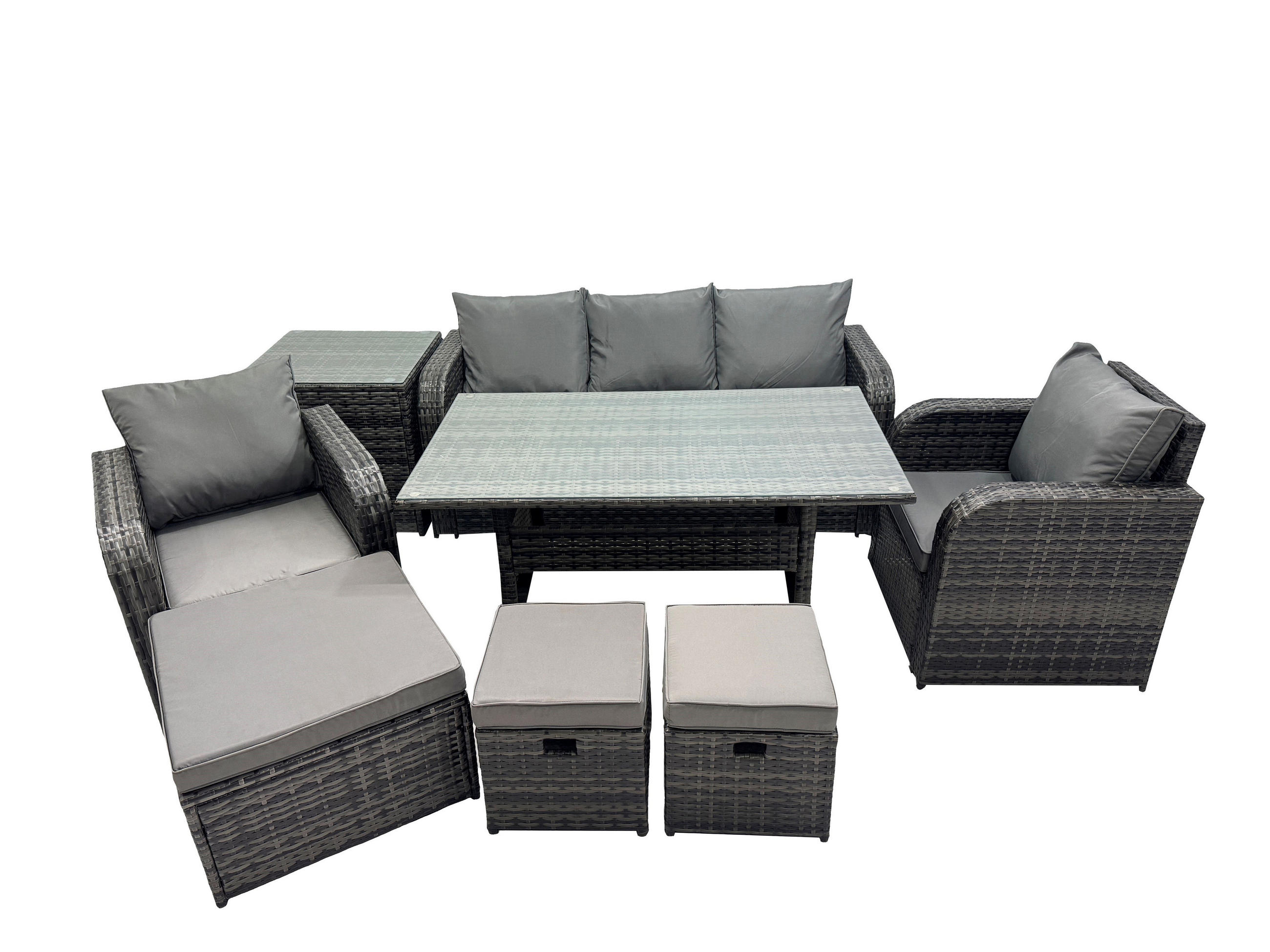 GARTENSET mit 3-Sitzer-Sofa,Beistelltisch,Esstisch Polyrattan 8-Sitzer - Dunkelgrau/Grau, Glas/Kunststoff - Fimous