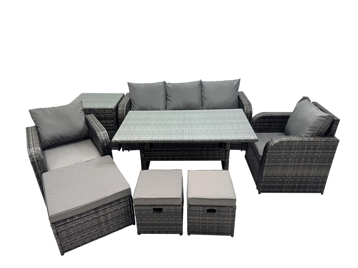 GARTENSET mit 3-Sitzer-Sofa,Beistelltisch,Esstisch Polyrattan 8-Sitzer - Dunkelgrau/Grau, Glas/Kunststoff - Fimous