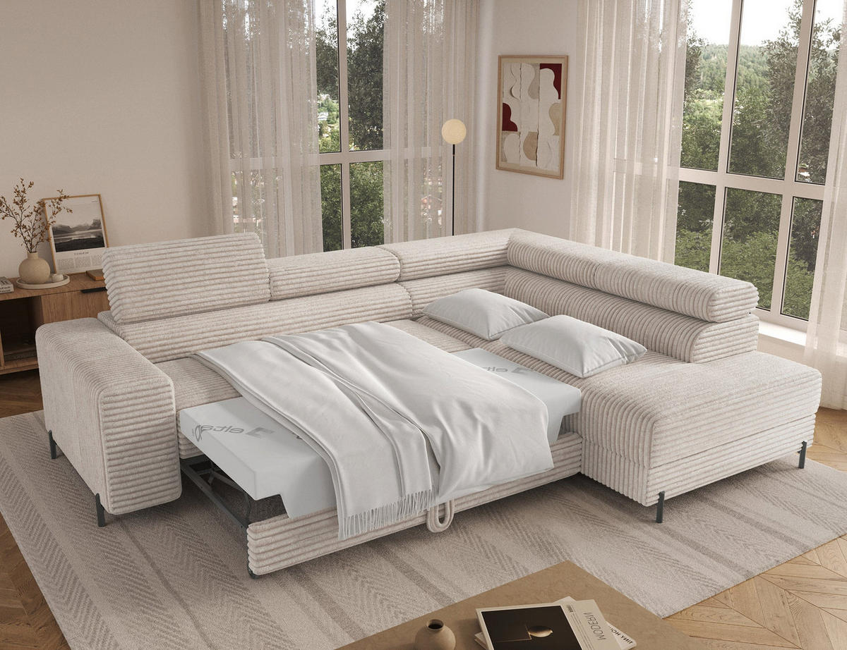 ECKSOFA COLESIO L-Form, Schlaffunktion, Bettkasten, verstellbare Kopfstützen, Wellenfederung, Metallfüße, breiter Cordstoff - Schwarz/Weiß, Kunststoff/Metall (204/269cm) - Wohnideebilder